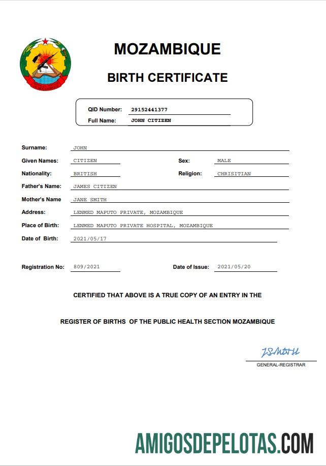 Para baixar modelo Word e PDF de certidão de nascimento de Moçambique